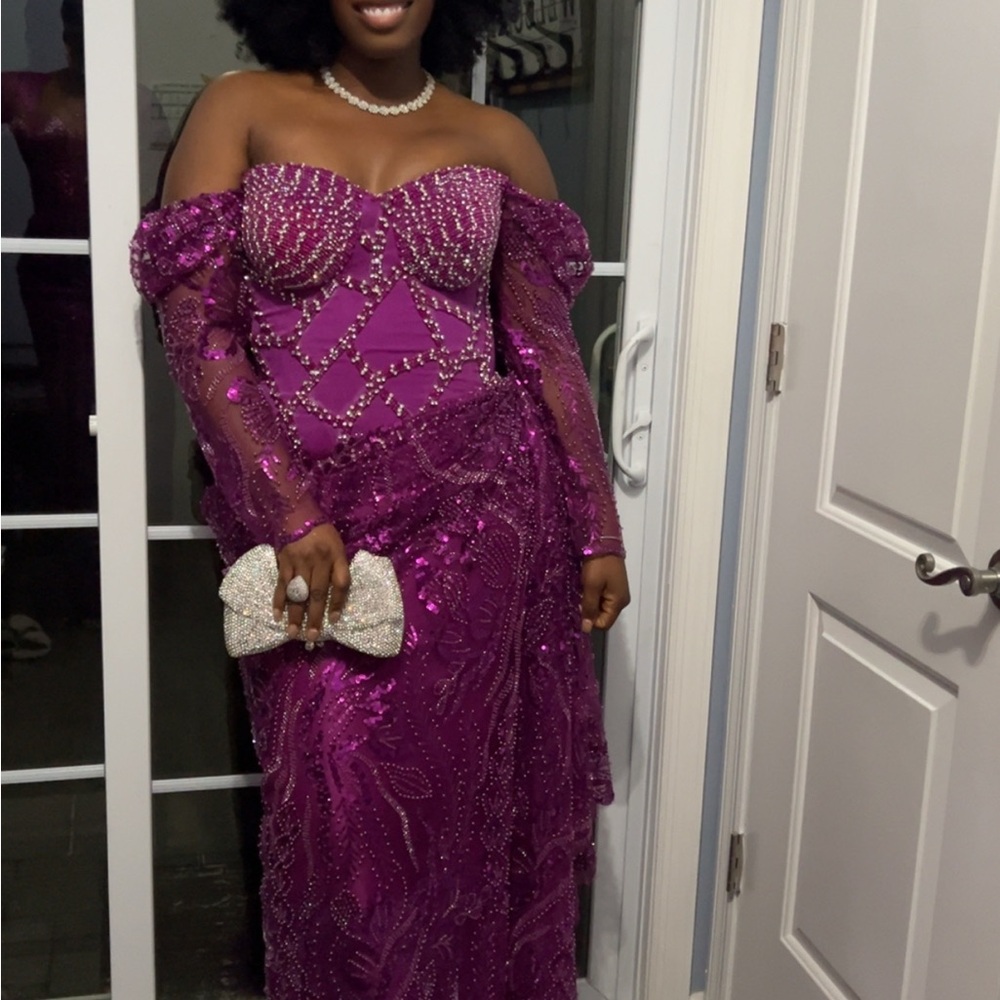 Aso Ebi - Off-Shoulder Beaded Evening Gown in Deep Magenta